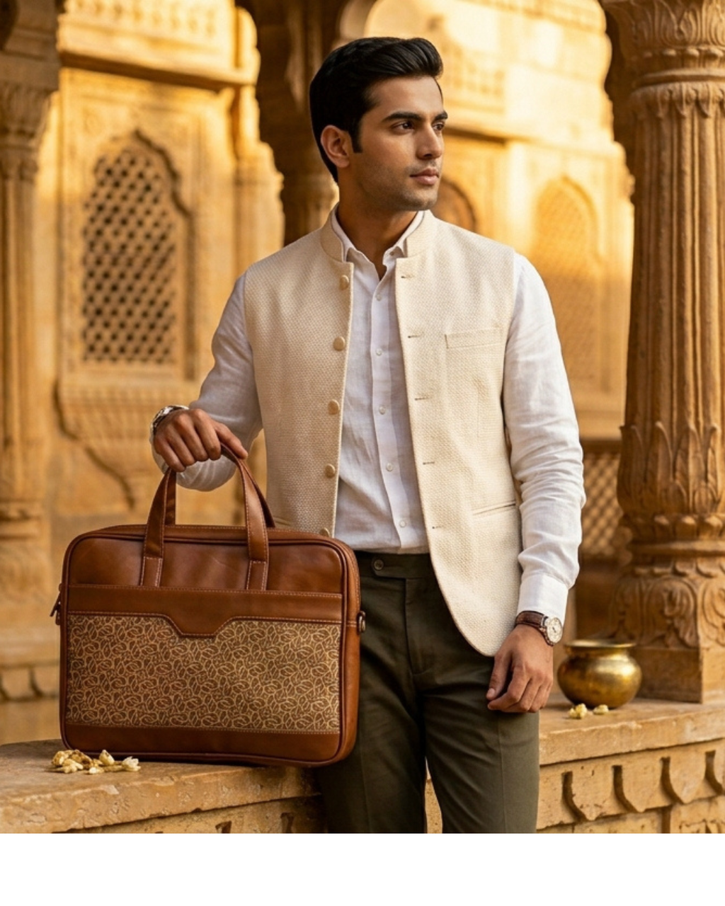 Man holding a brown briefcase in front of an architectural background