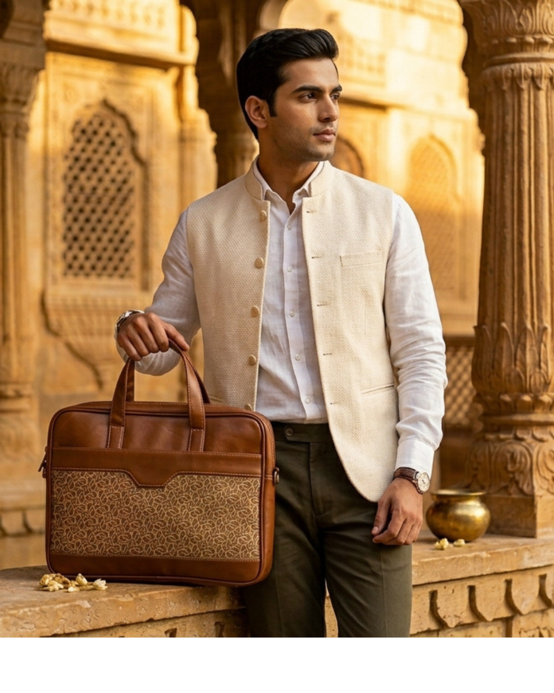 Man holding a brown briefcase in front of an architectural background