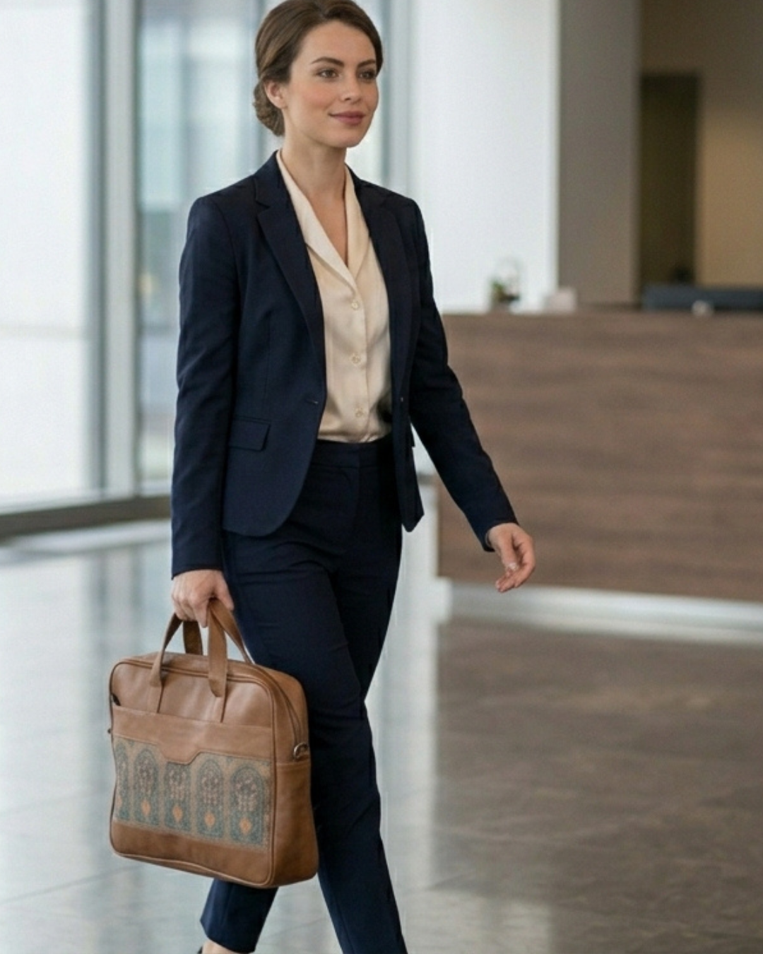 Woman in professional attire holding a brown leather bag in an indoor setting