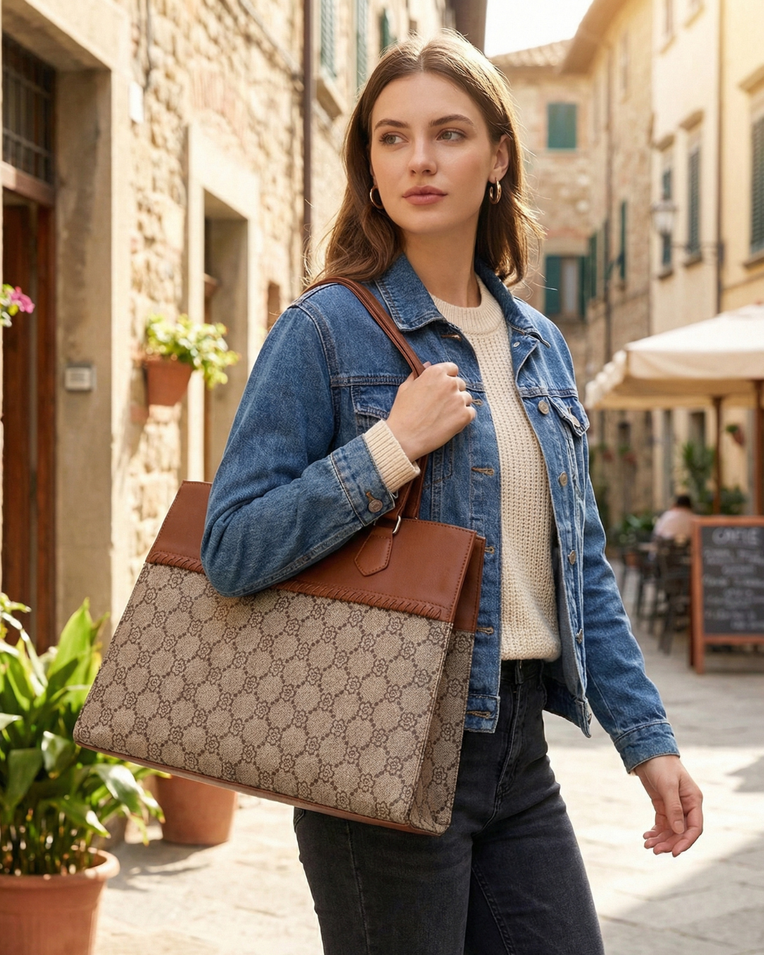 Woman holding a Gucci handbag in an urban setting
