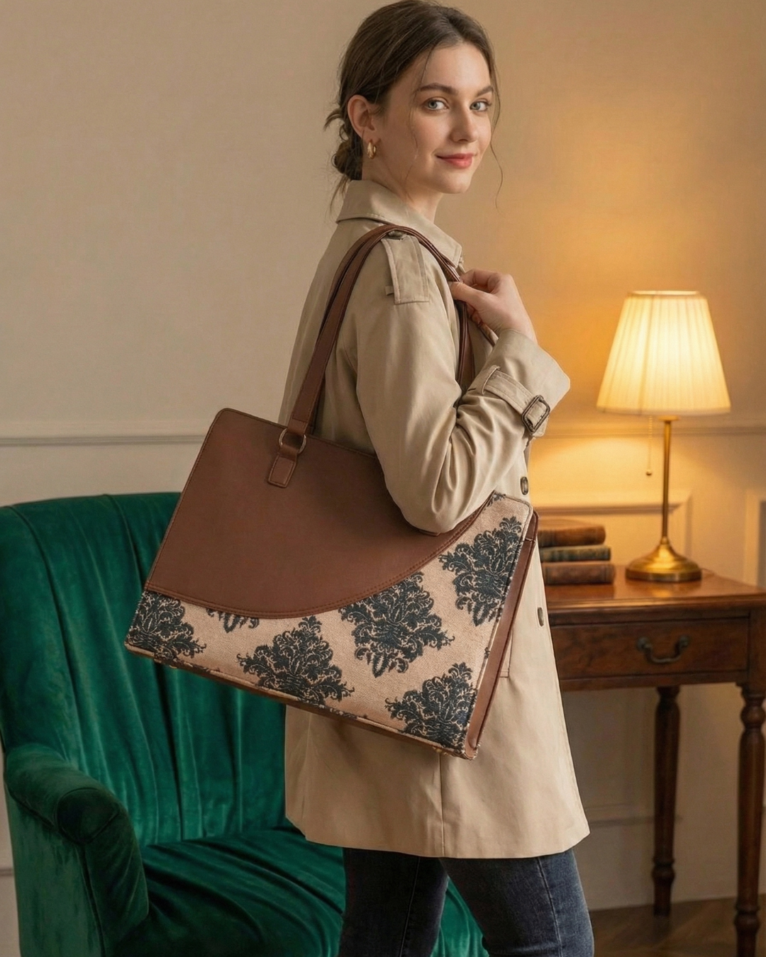 Woman holding a brown and beige tote bag with floral pattern in a room setting.