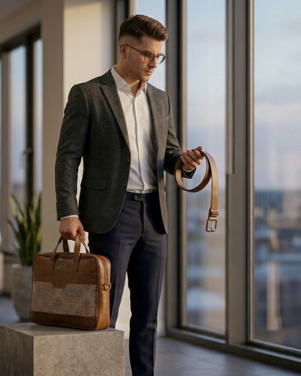 Man in formal attire holding a briefcase and a leather belt, standing by large windows.