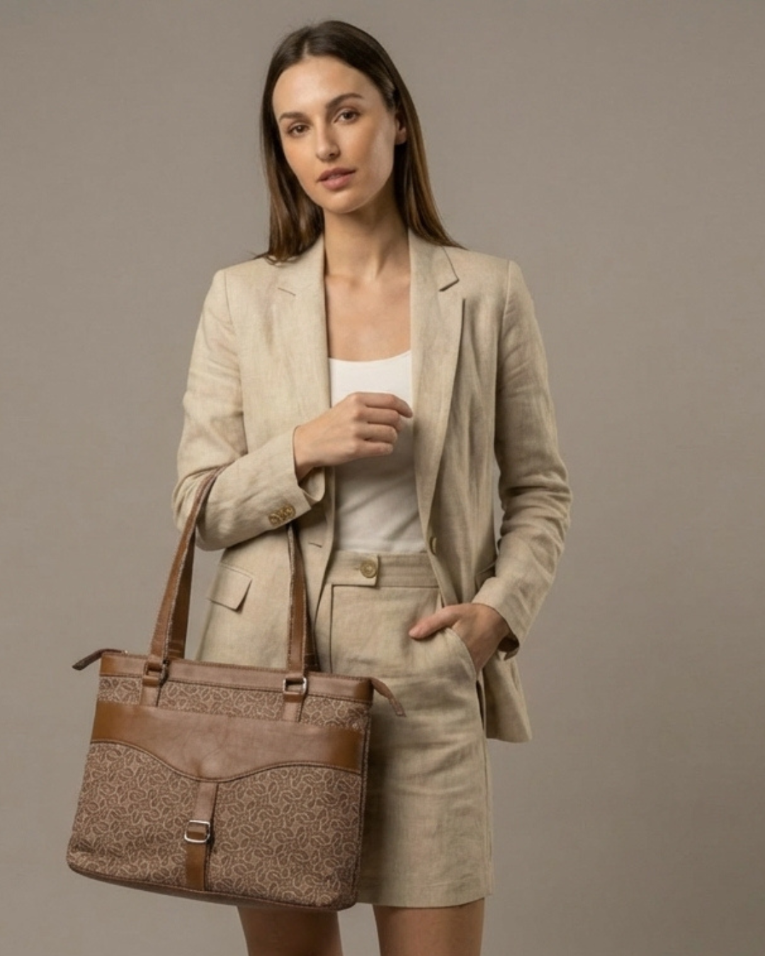 Woman in beige suit holding a brown textured handbag against a plain background