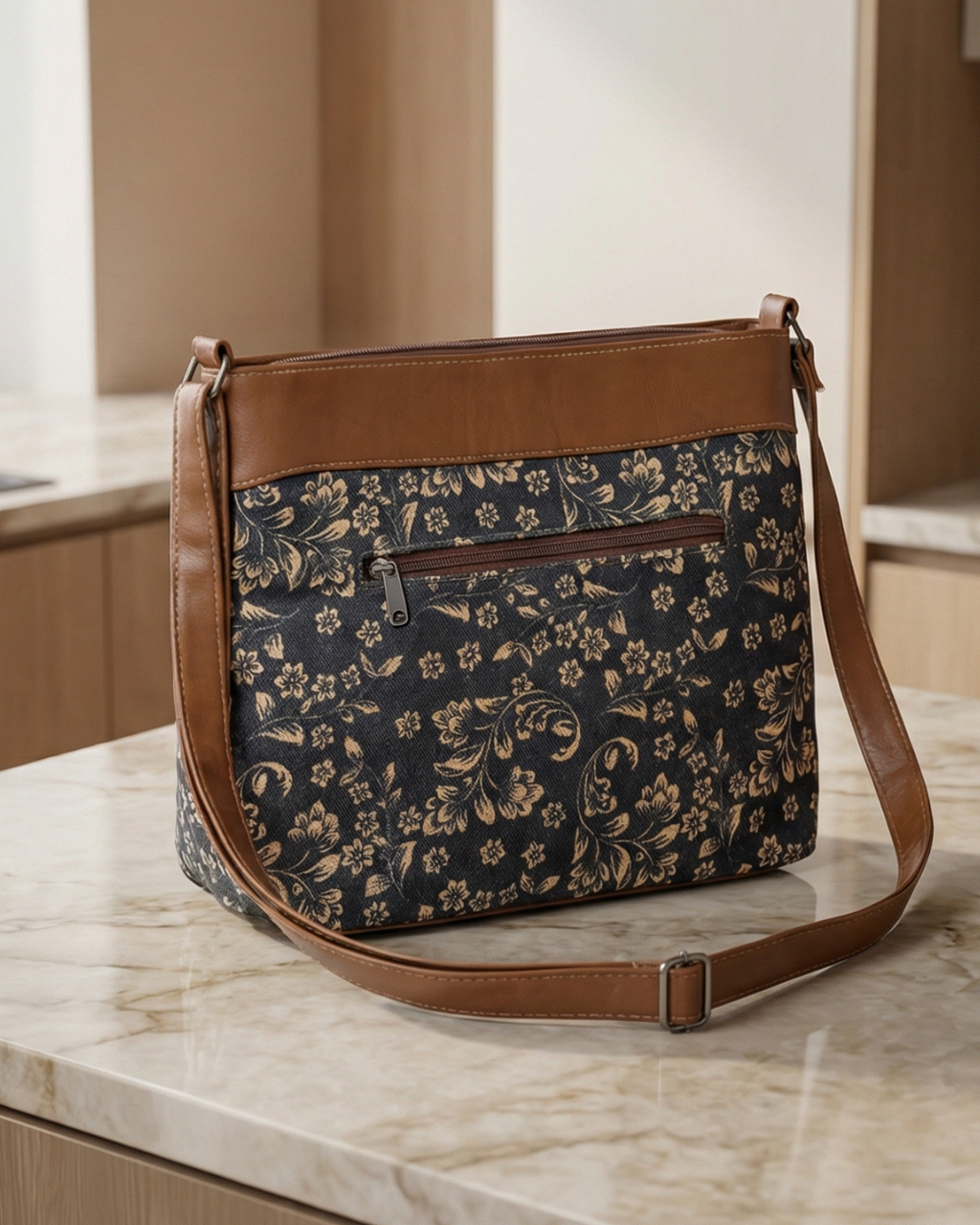 Floral-patterned handbag with brown leather accents on a marble surface