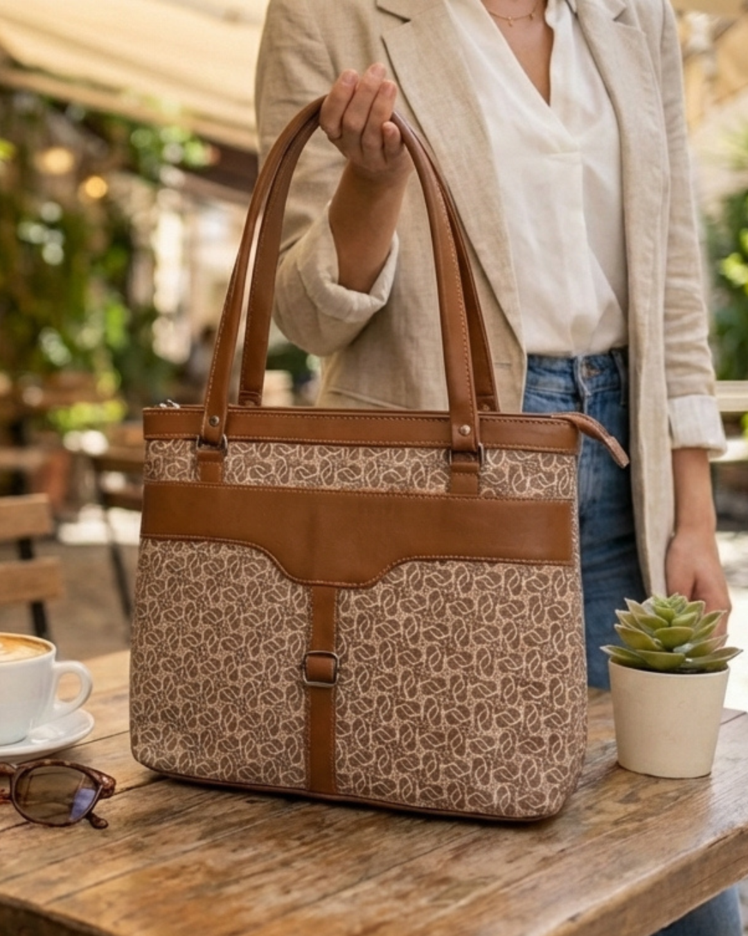 Person holding a patterned handbag with brown leather accents on a wooden table.