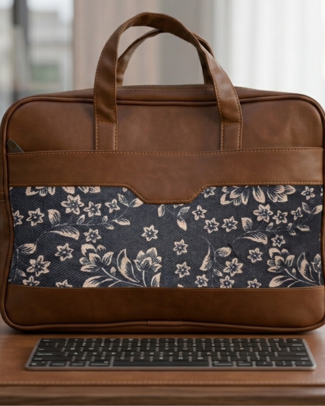 Floral-patterned bag with brown leather accents on a wooden surface