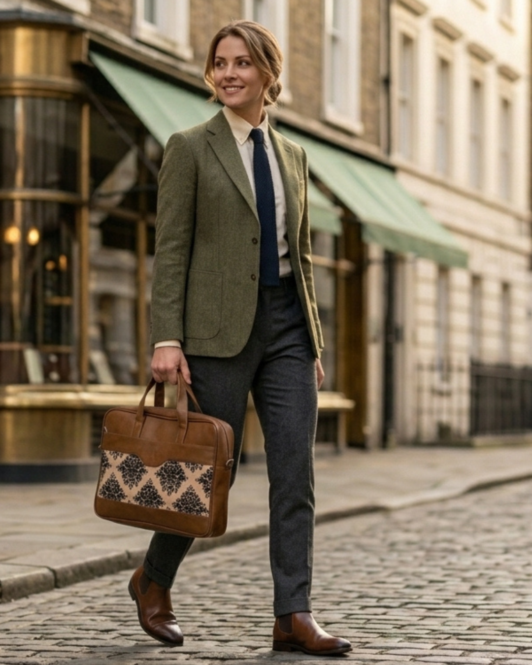 Woman in a green blazer and gray suit holding a brown leather bag on a city street.