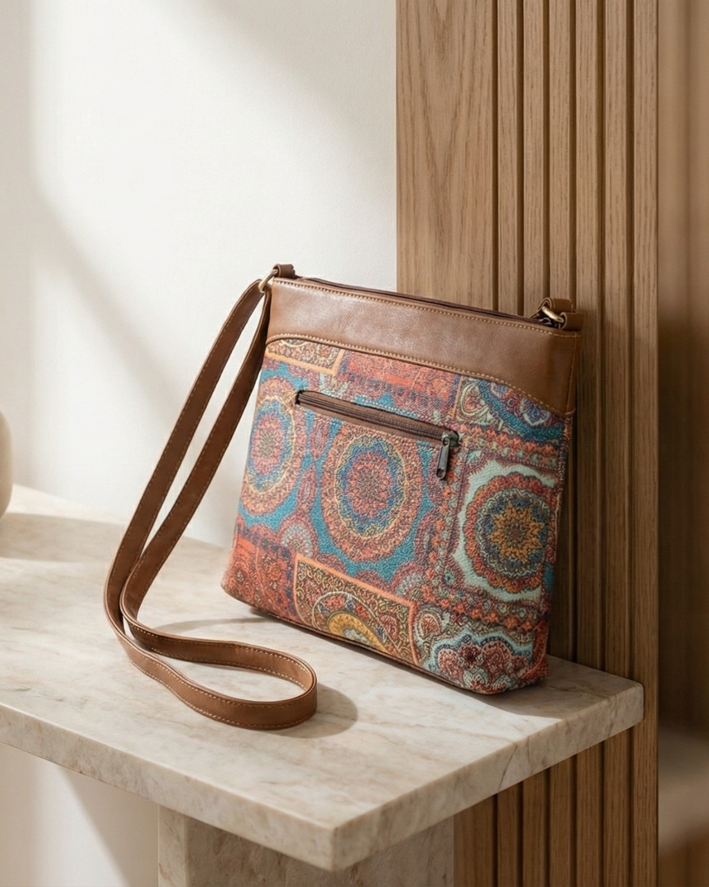 Patterned crossbody bag on a wooden surface with a neutral background