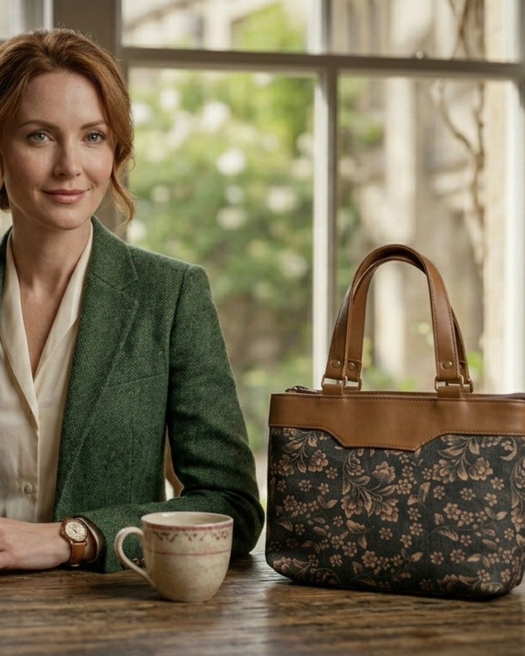 Woman sitting at a table with a floral handbag and mug, blurred greenery in the background