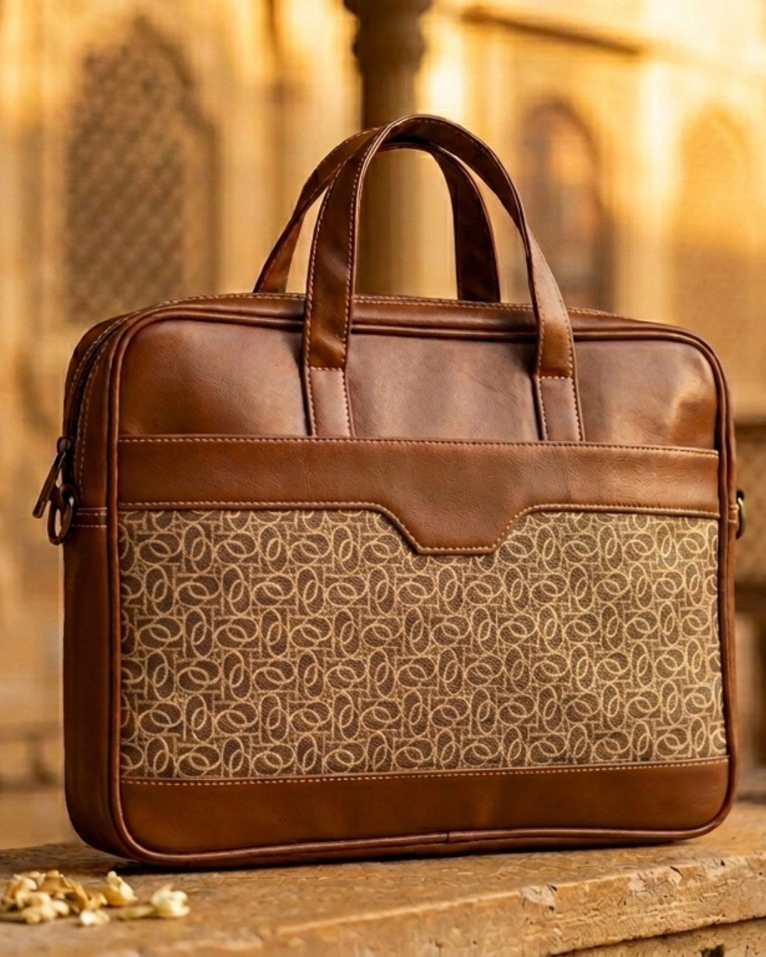 Beige Abstract Loop Women's Laptop Bag with Faux Leather Handles