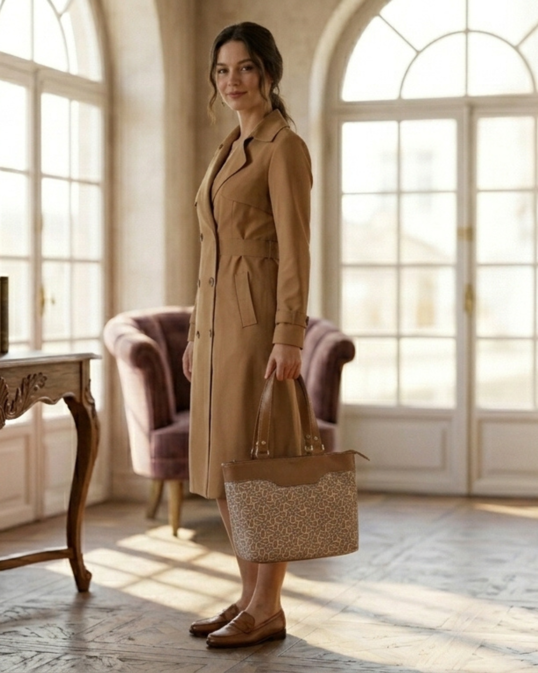 Woman in a beige trench coat holding a matching handbag in a sunlit room.