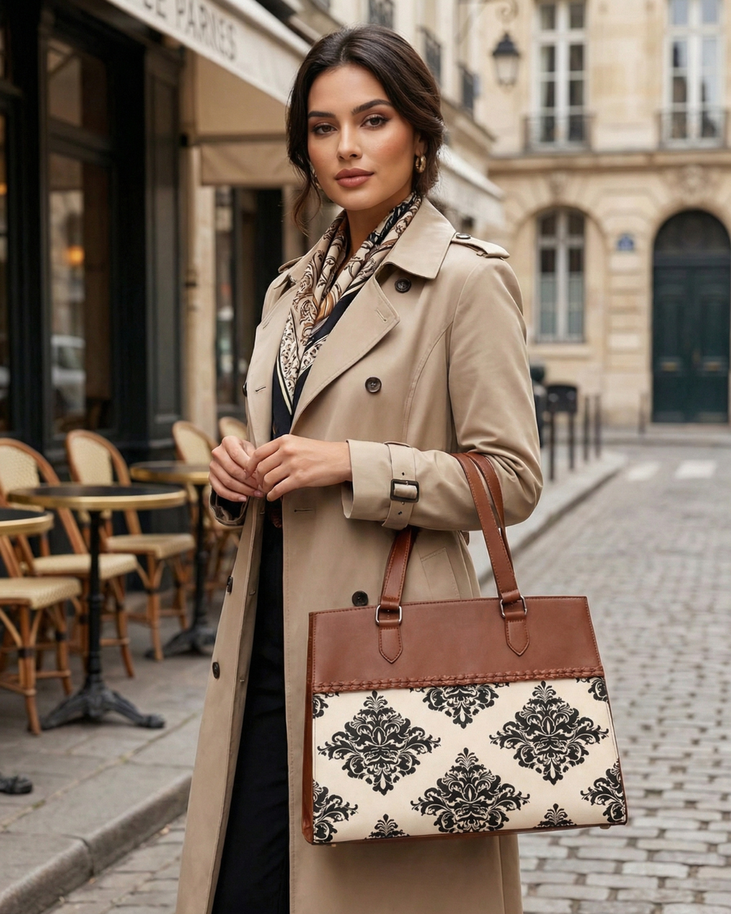 Woman in a trench coat holding a patterned handbag on a city street.