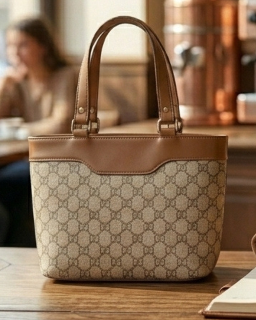 Designer handbag with patterned top and brown leather bottom on a wooden table.