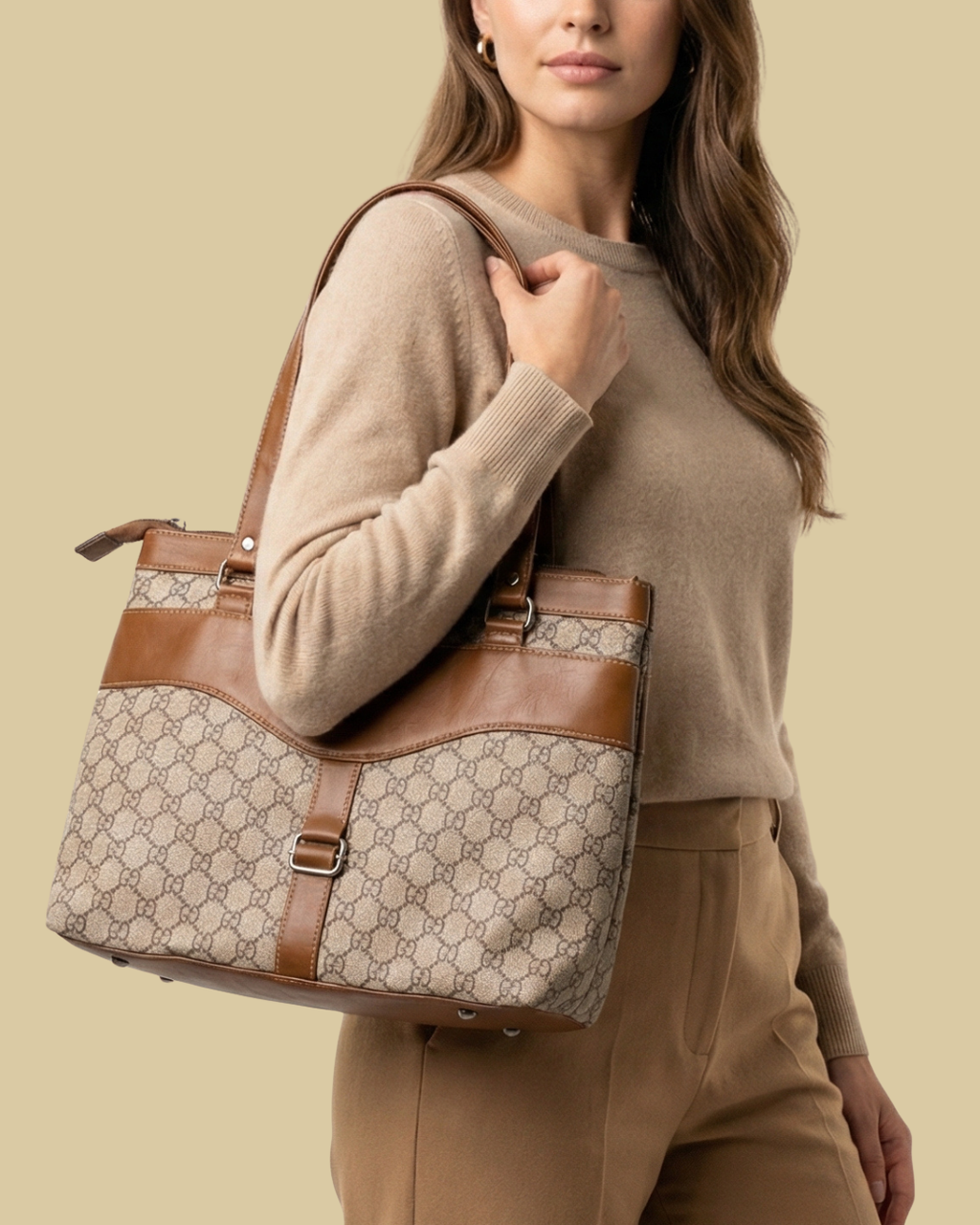 Woman holding a brown and beige handbag against a beige background