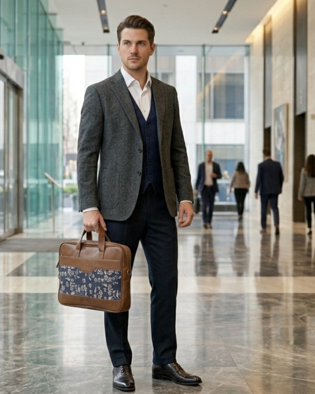 Man in a suit holding a briefcase in a modern office hallway