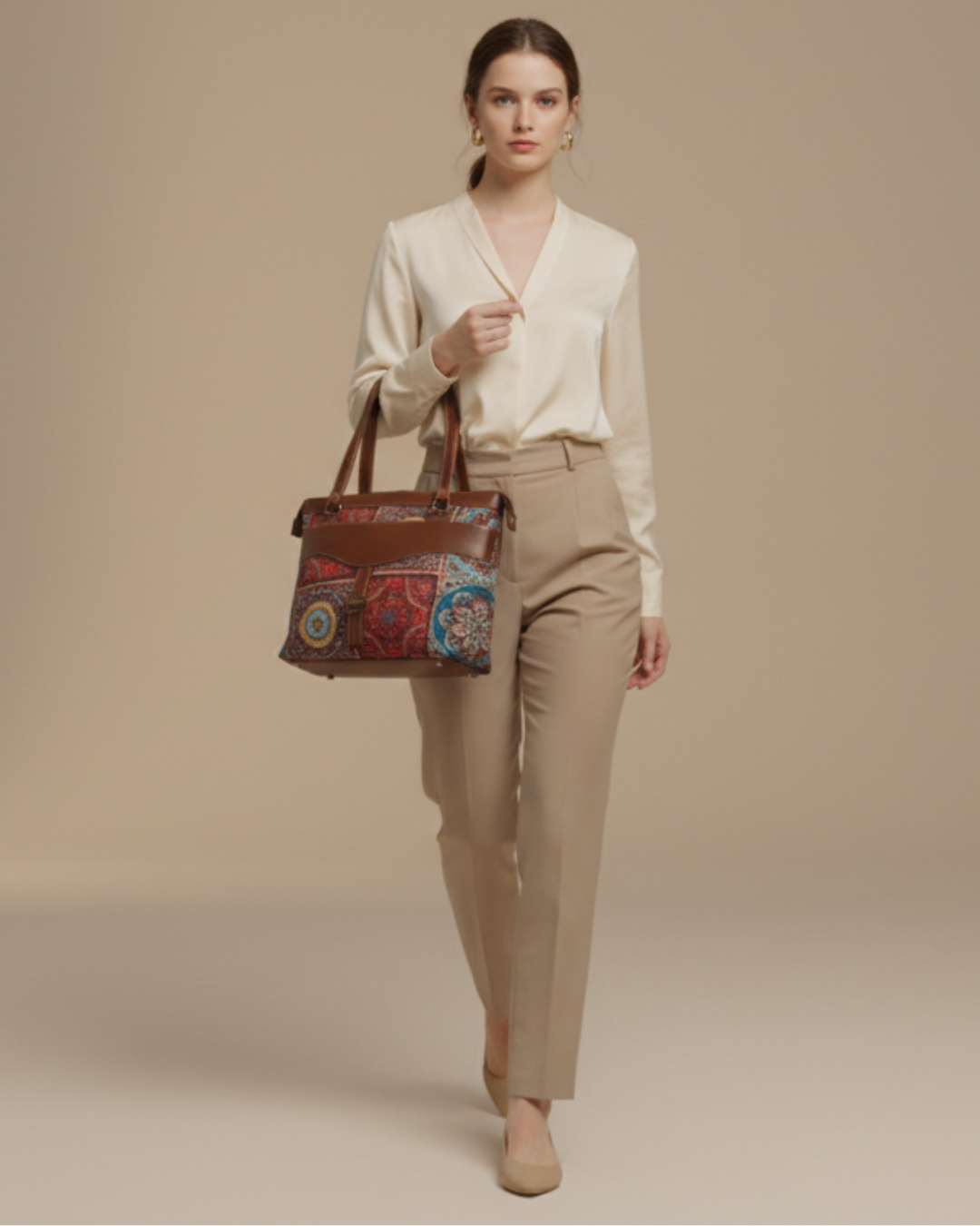 Woman holding a patterned handbag against a beige background