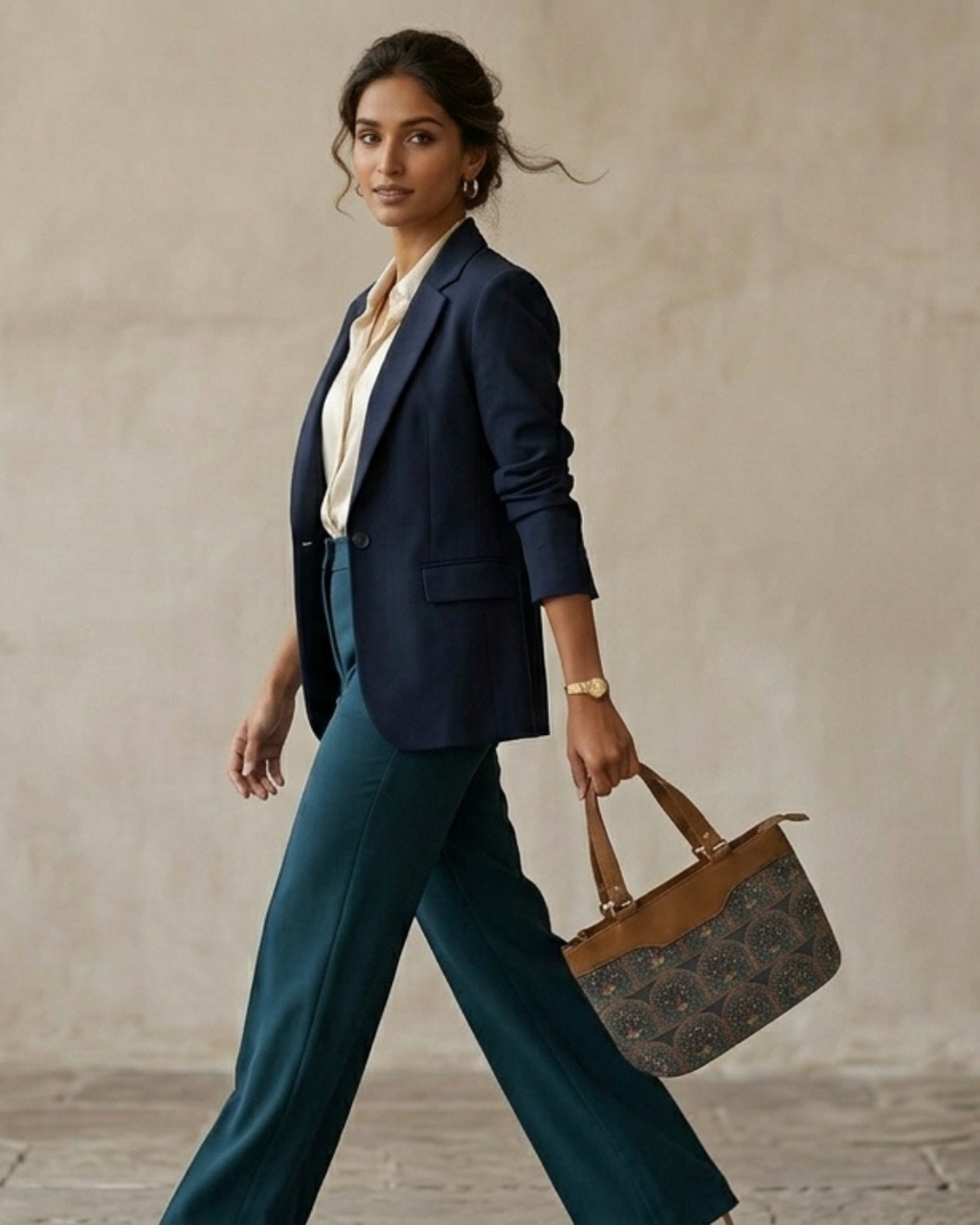Woman in a professional outfit holding a handbag against a neutral background
