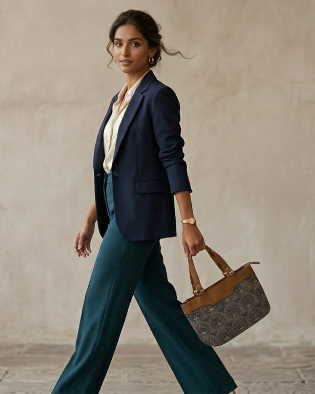 Woman in a professional outfit holding a handbag against a neutral background