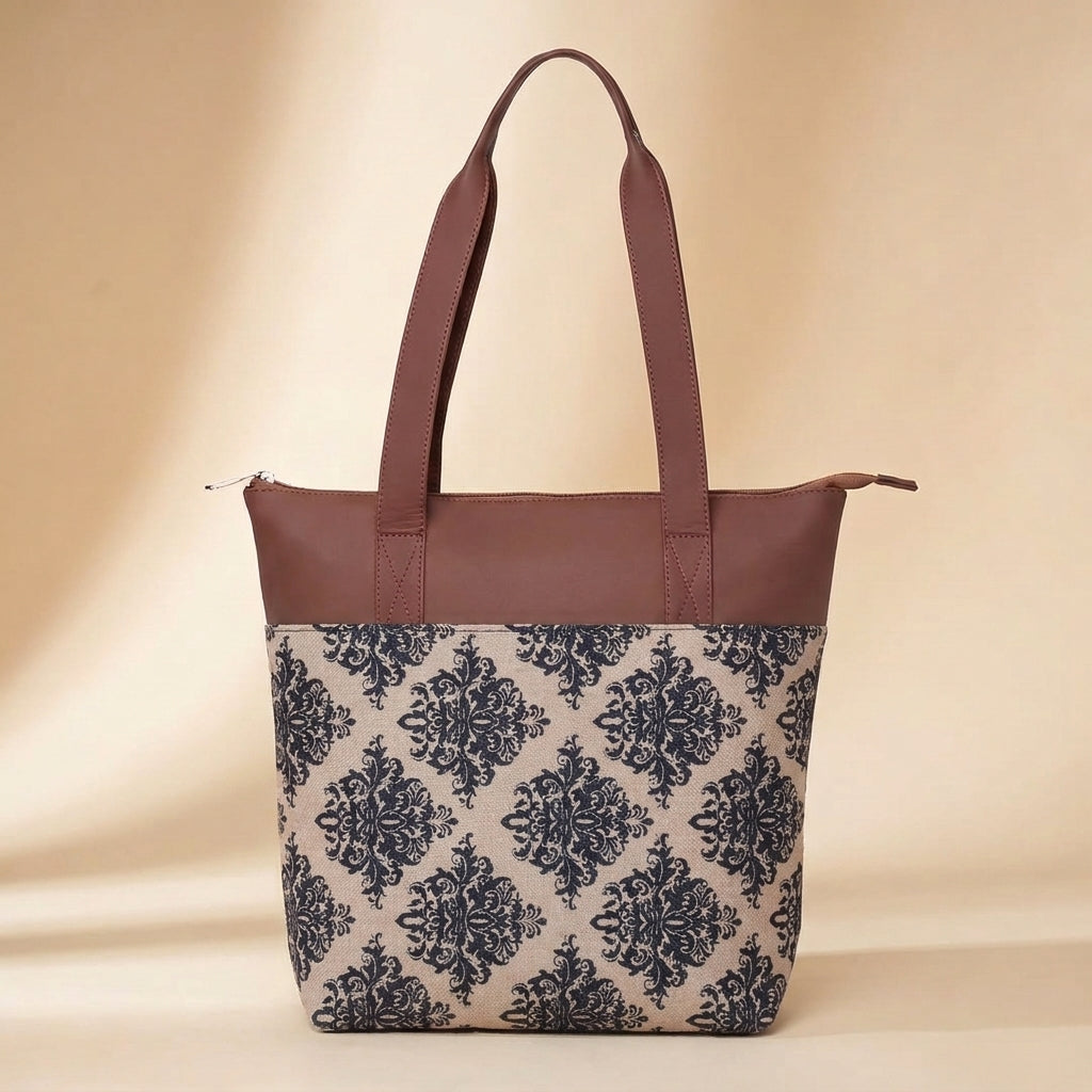 HandyJute Beige and Black Floral Print Tote Bag with Brown Handles for Women
