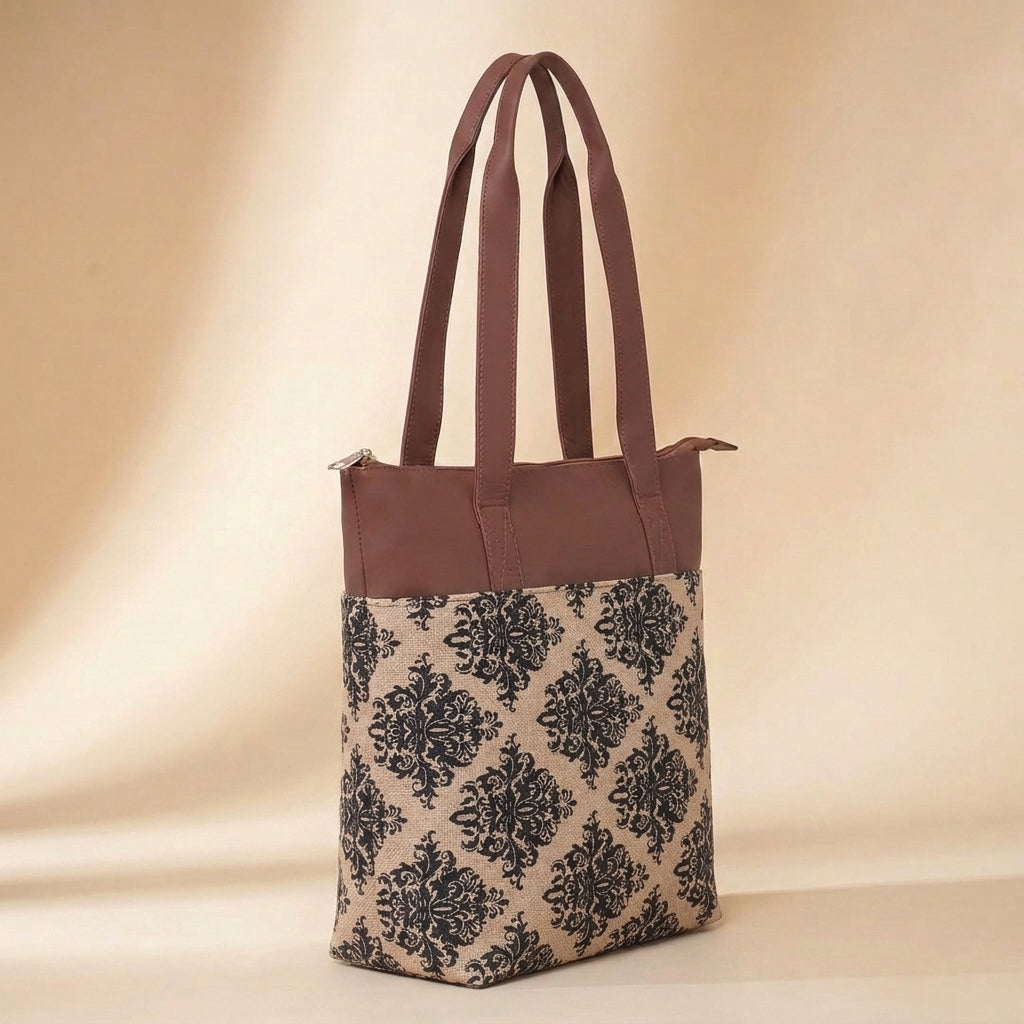 HandyJute Beige and Black Floral Print Tote Bag with Brown Handles for Women