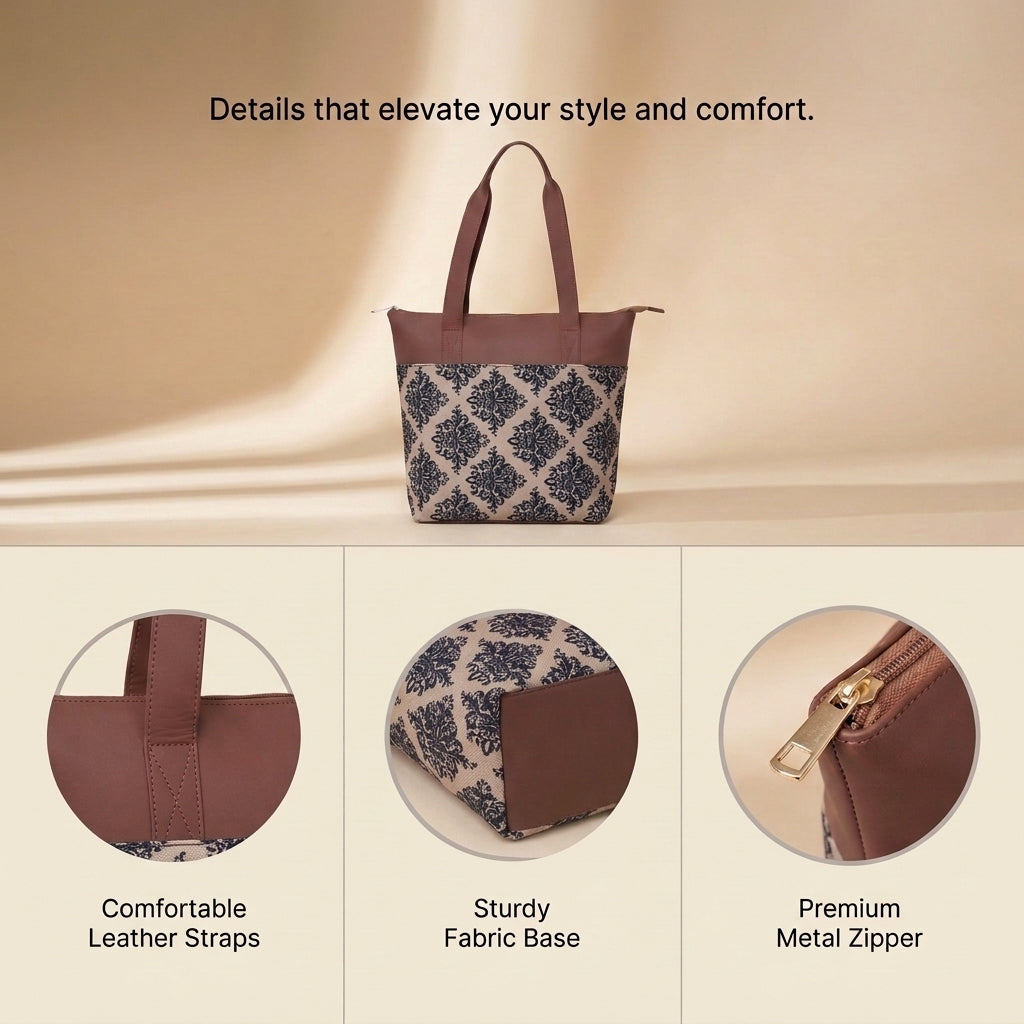 HandyJute Beige and Black Floral Print Tote Bag with Brown Handles for Women