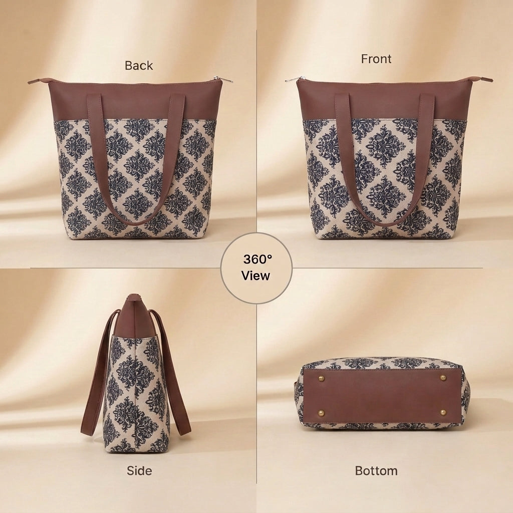 HandyJute Beige and Black Floral Print Tote Bag with Brown Handles for Women
