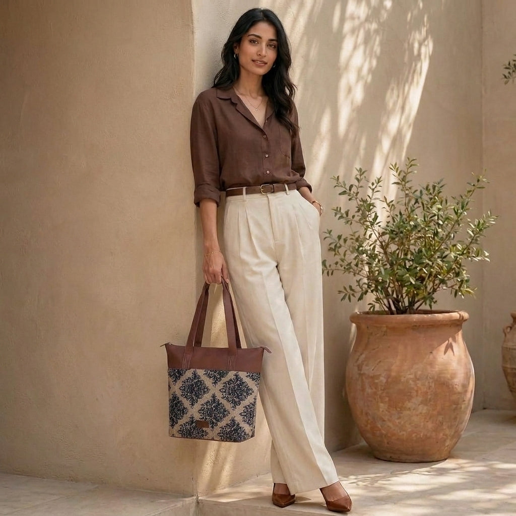 HandyJute Beige and Black Floral Print Tote Bag with Brown Handles for Women