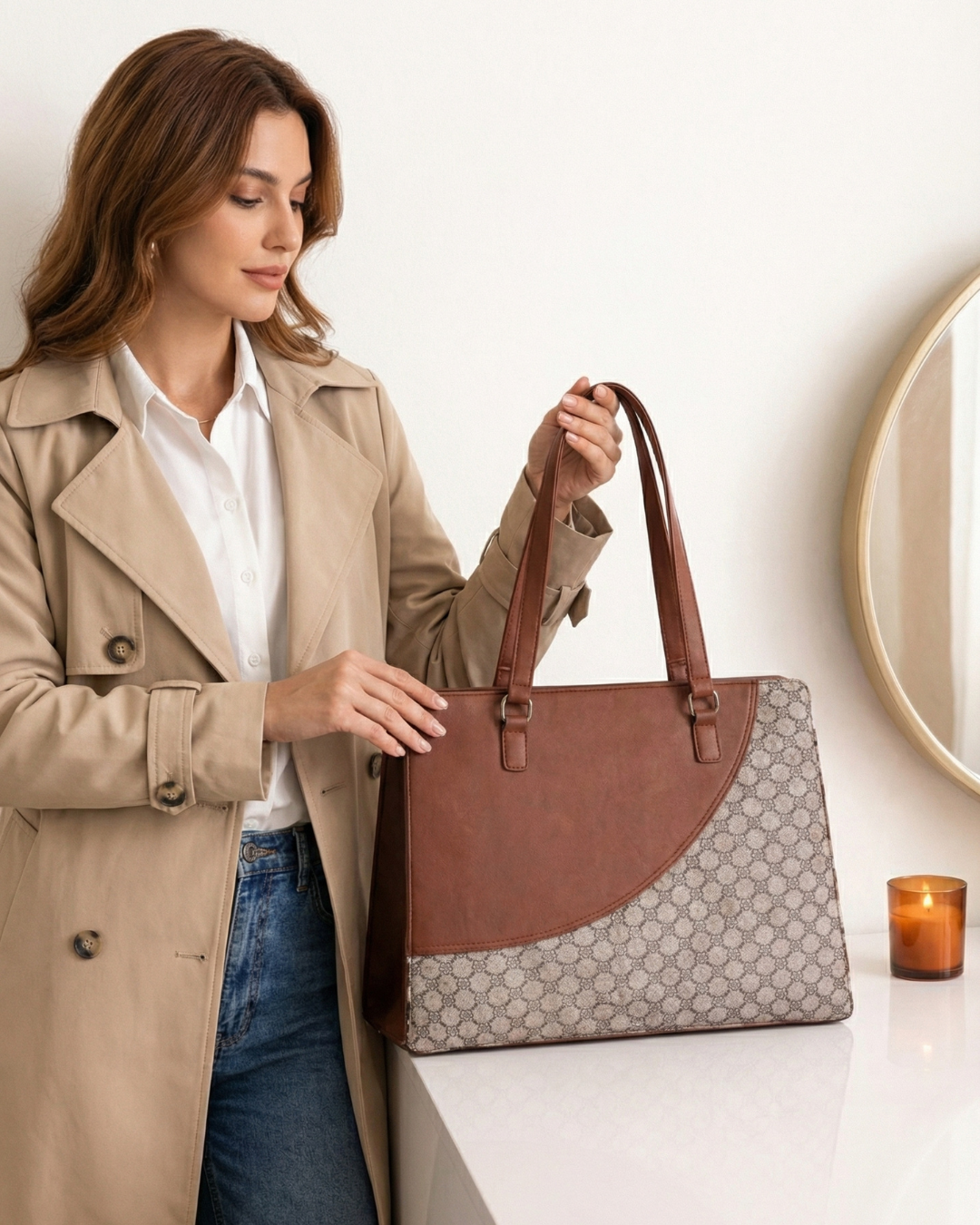 Woman holding a brown and gray handbag against a white background
