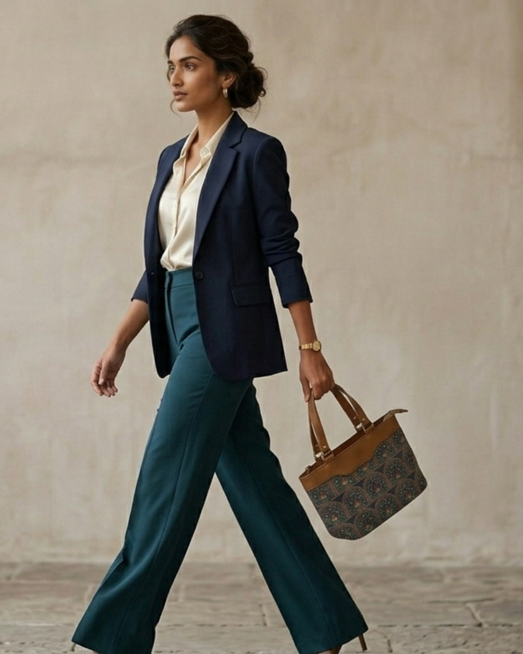 Woman in professional attire holding a handbag against a neutral background