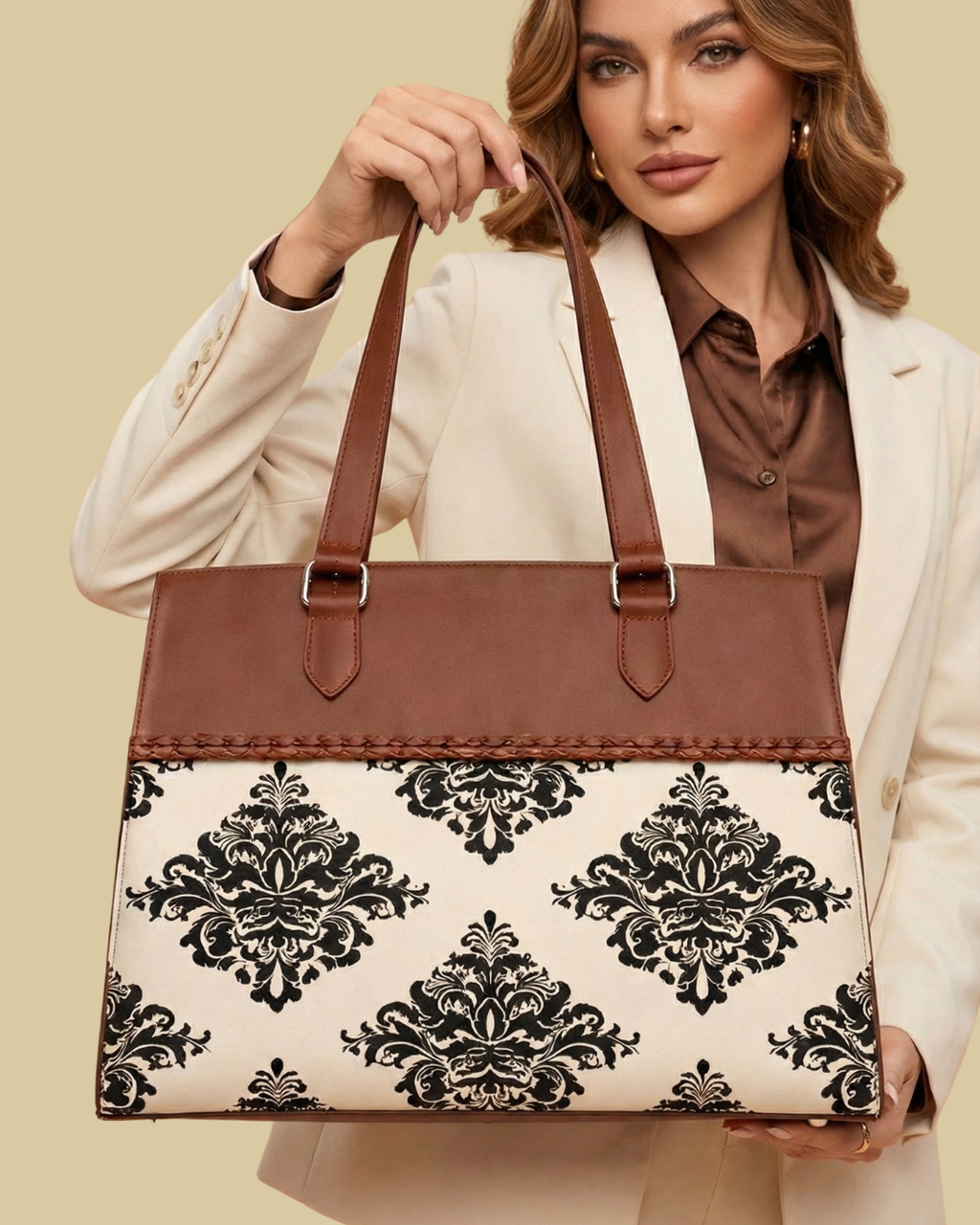 Woman holding a brown and white patterned handbag against a beige background