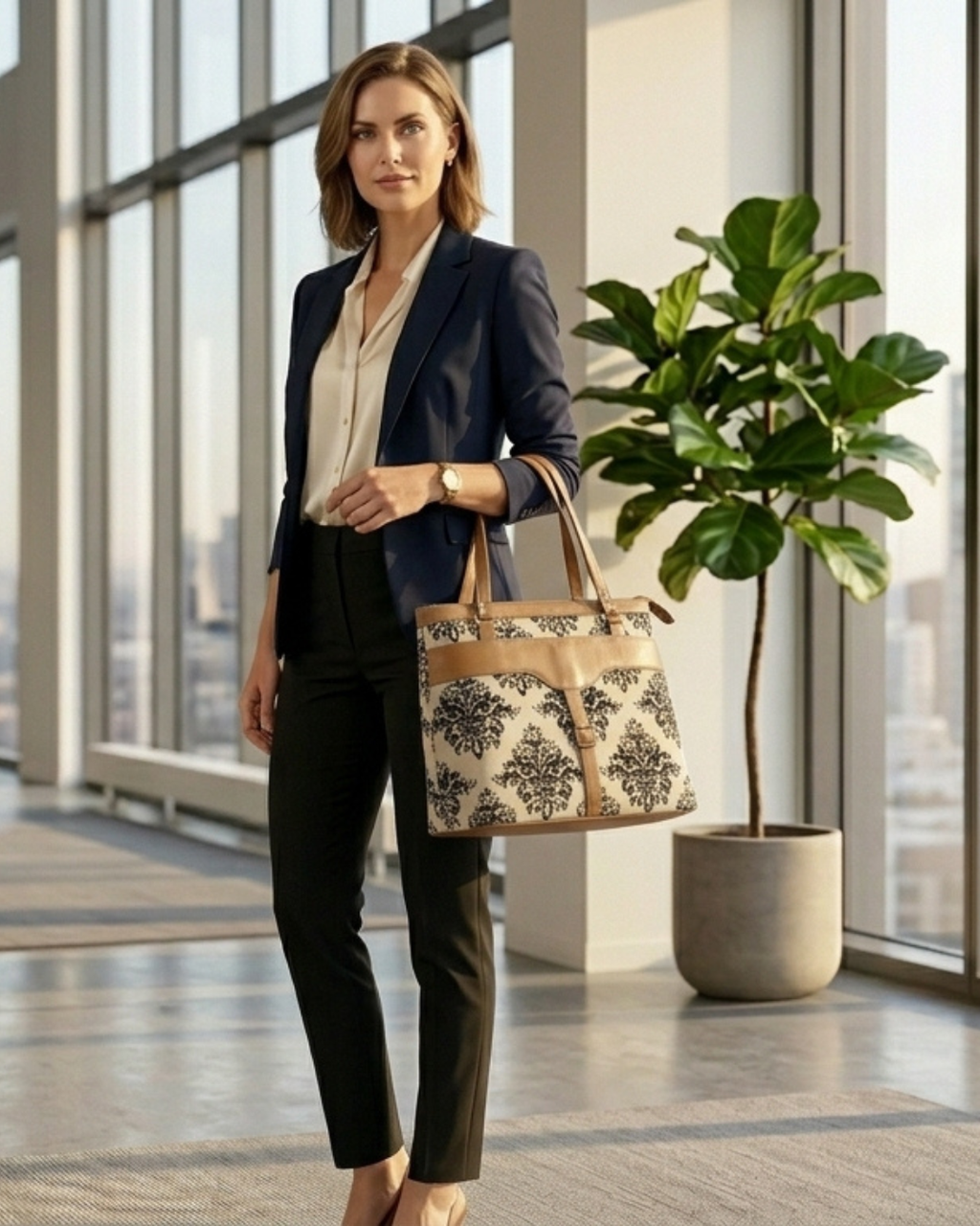 Woman in professional attire holding a patterned handbag in an office setting