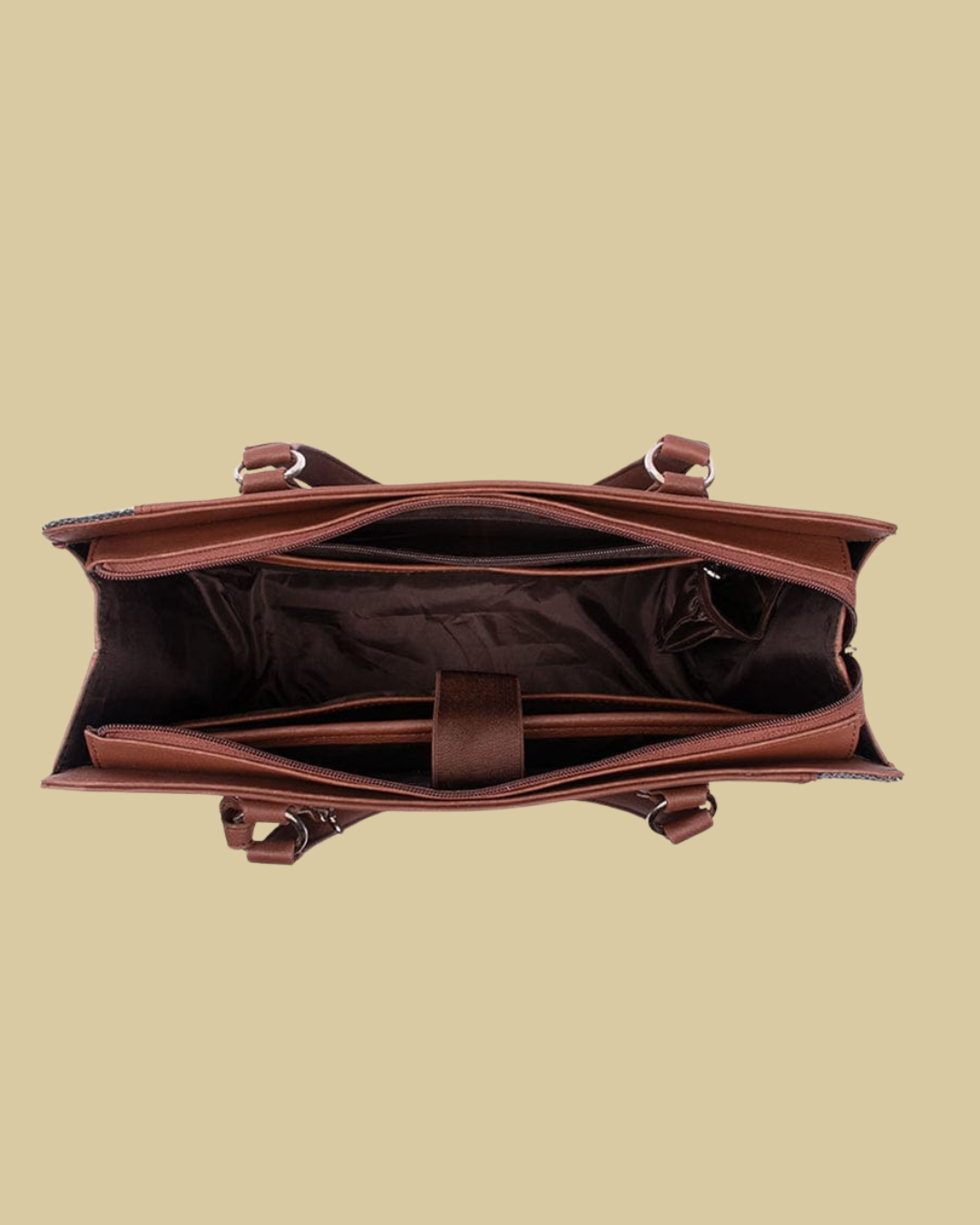 Brown leather briefcase on a beige background