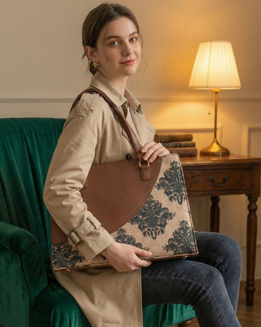 Woman holding a large brown and beige patterned bag in a cozy room with a lamp and books on a table.