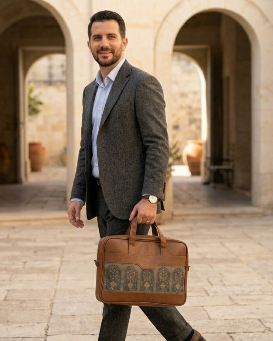 Man in a suit holding a brown leather briefcase in an outdoor setting with arches.