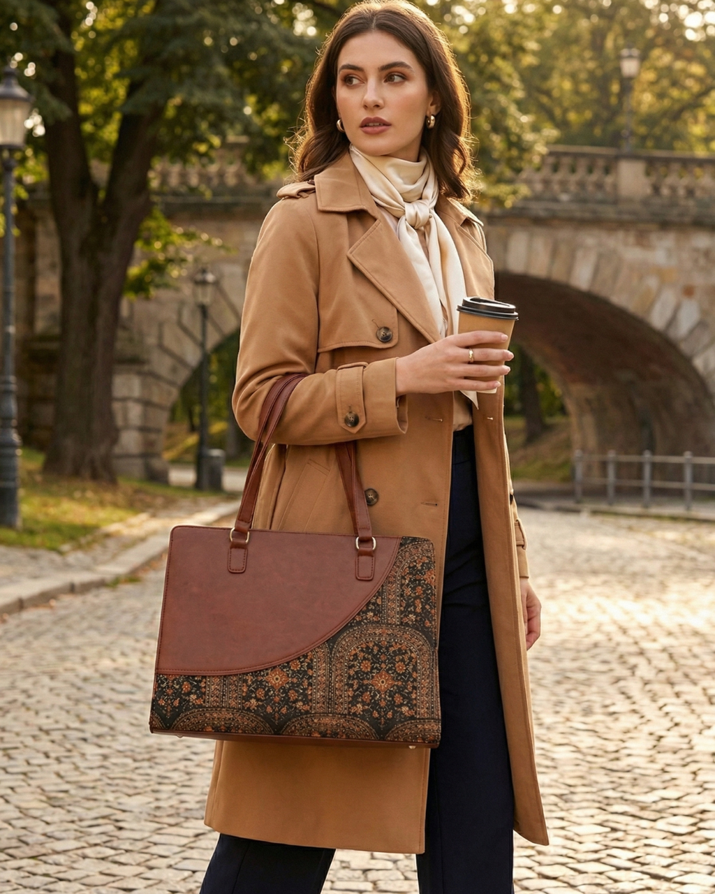 Woman in a tan coat holding a coffee cup and a patterned bag on a cobblestone street.