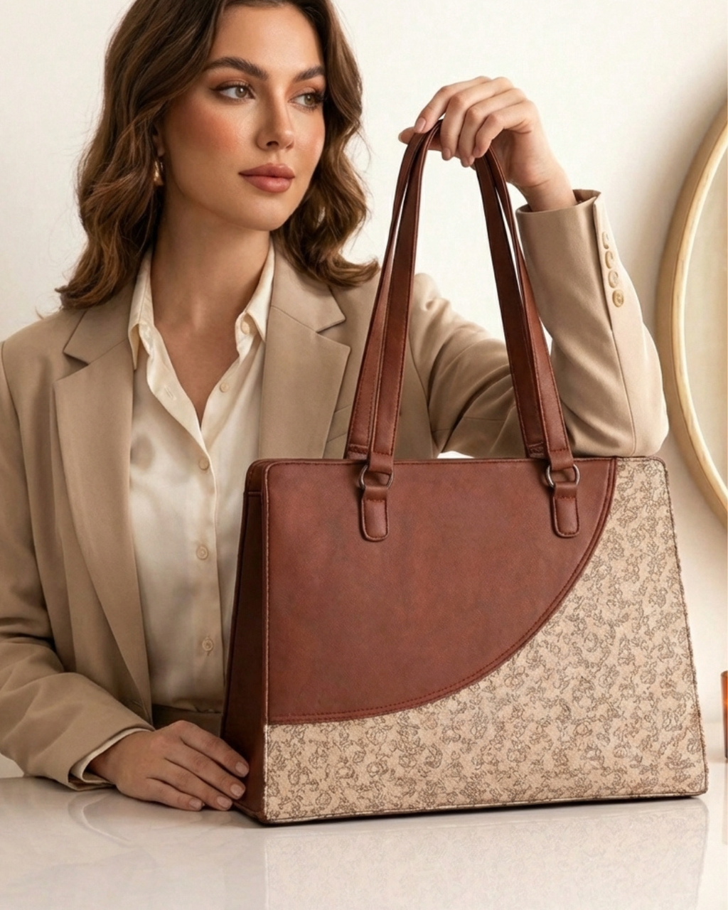 Woman holding a brown and beige handbag in a well-lit room