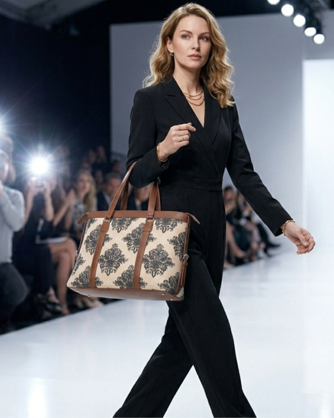 Woman in a black outfit holding a patterned handbag on a runway.