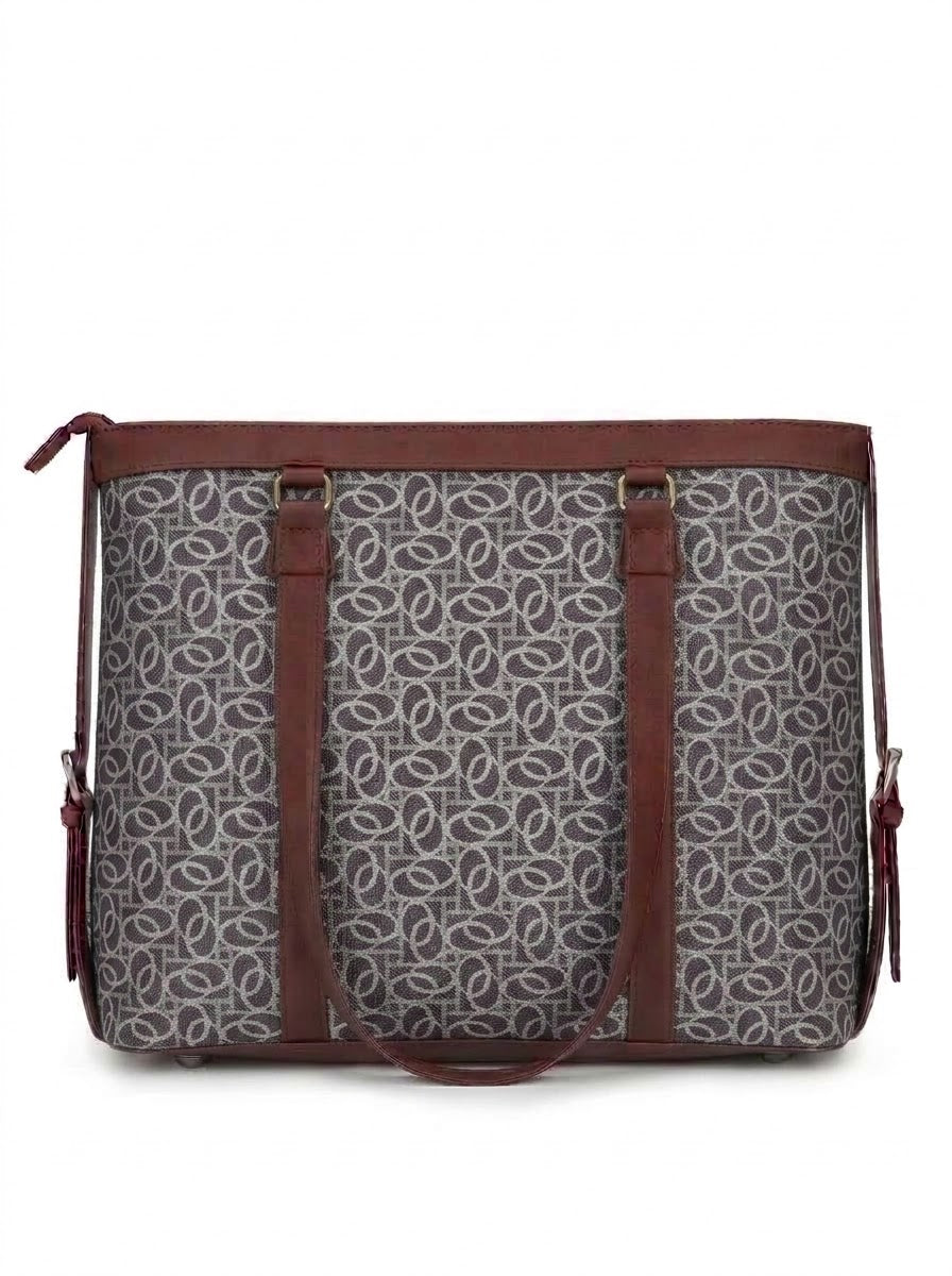 Beige Abstract Shoulder Bag Faux Leather Handles for Women