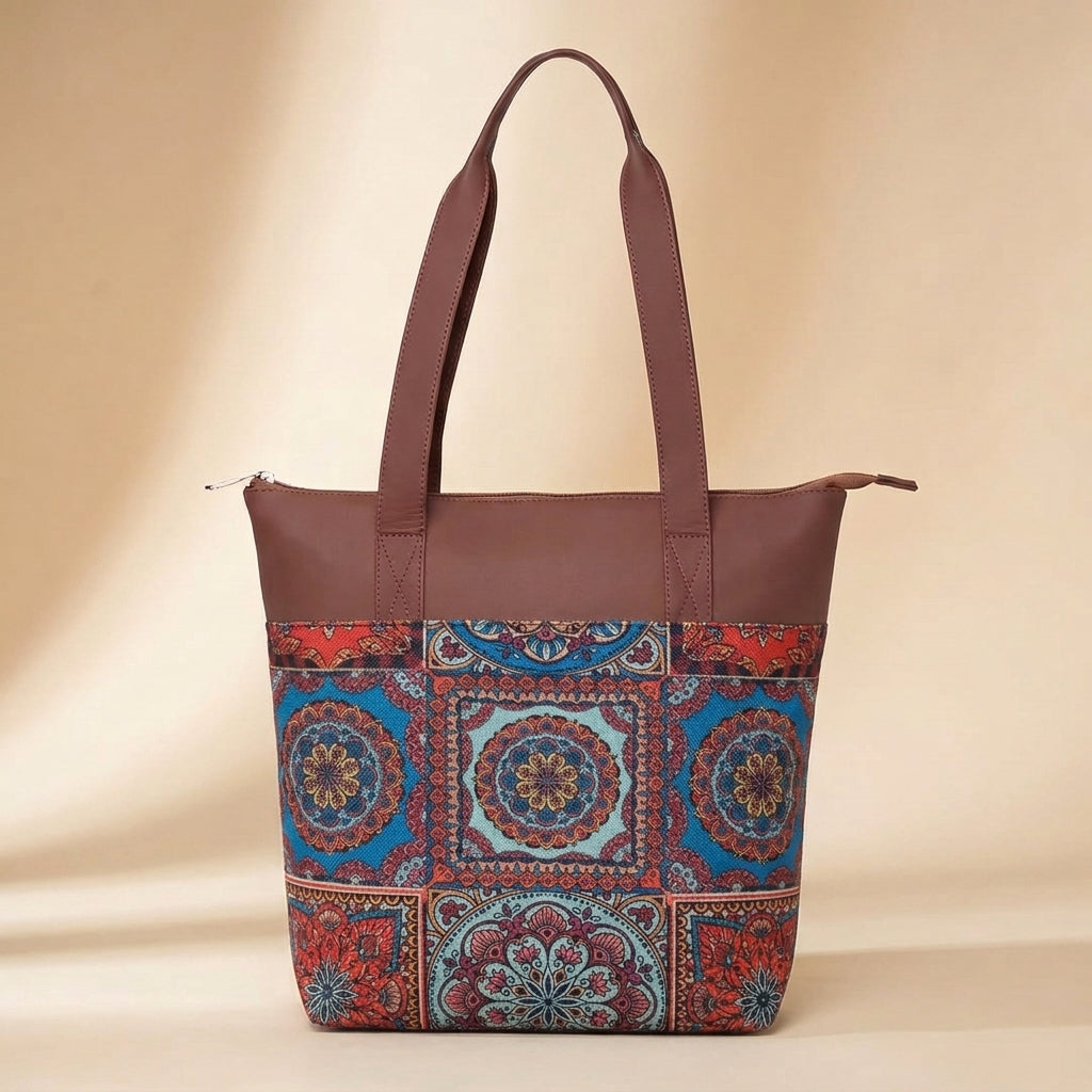 HandyJute Multicolor Traditional Mandala Print Tote Bag with Brown Handles for Women