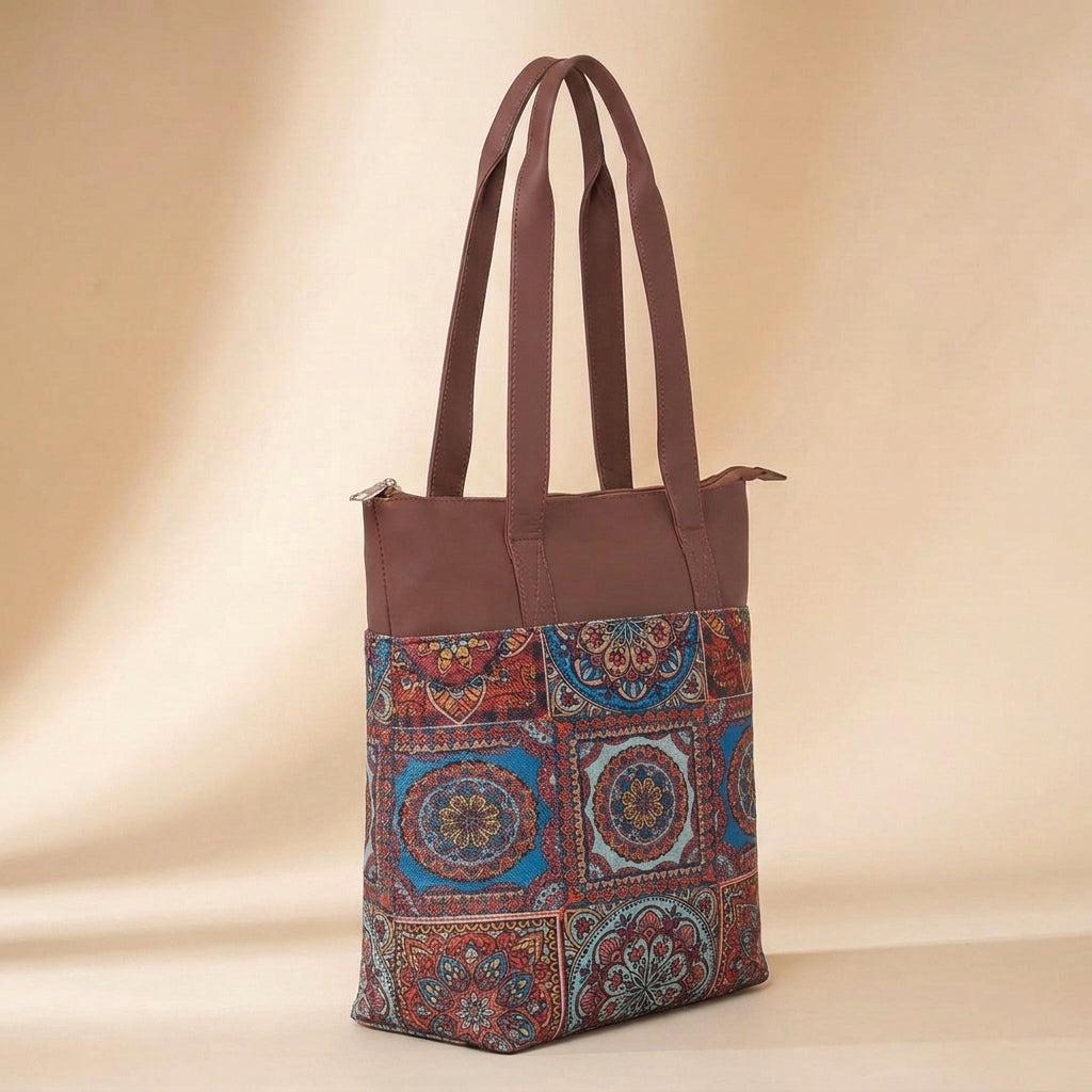 HandyJute Multicolor Traditional Mandala Print Tote Bag with Brown Handles for Women