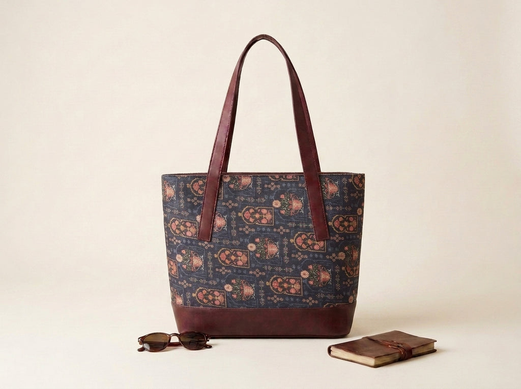 HandyJute Navy Blue Multicolor Traditional Print Tote Bag