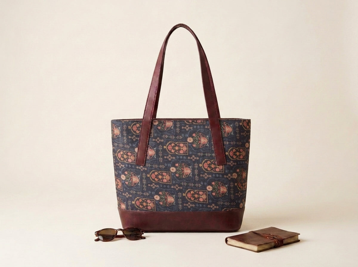 HandyJute Navy Blue Multicolor Traditional Print Tote Bag