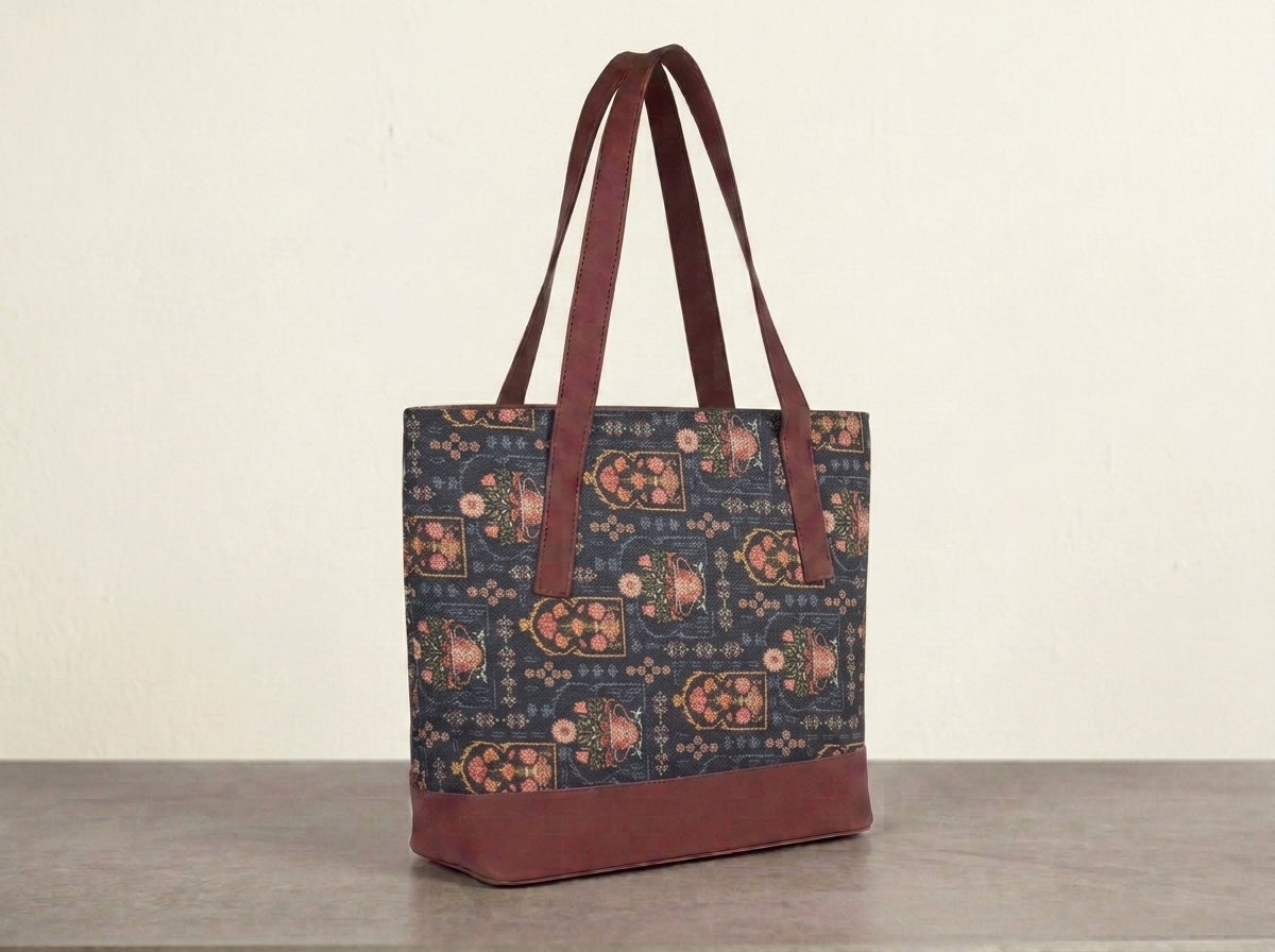 HandyJute Navy Blue Multicolor Traditional Print Tote Bag