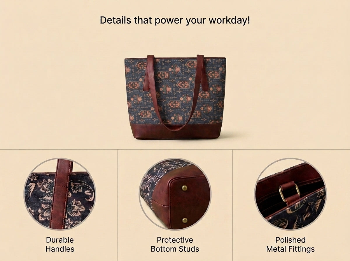 HandyJute Navy Blue Multicolor Traditional Print Tote Bag