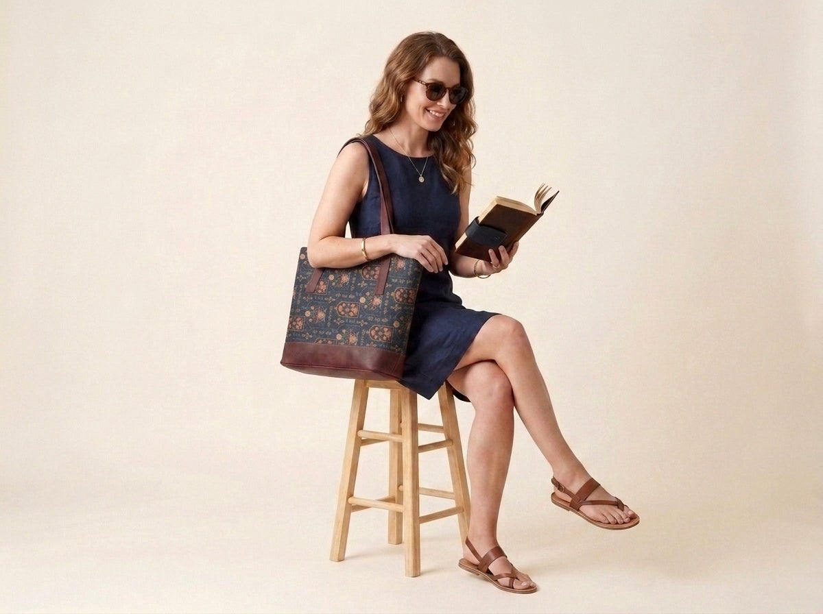 HandyJute Navy Blue Multicolor Traditional Print Tote Bag