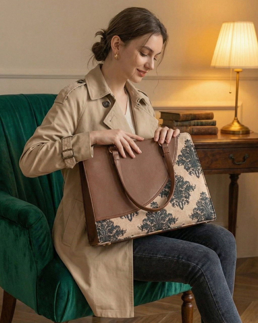 Woman holding a patterned handbag in a cozy room with a lamp and books.