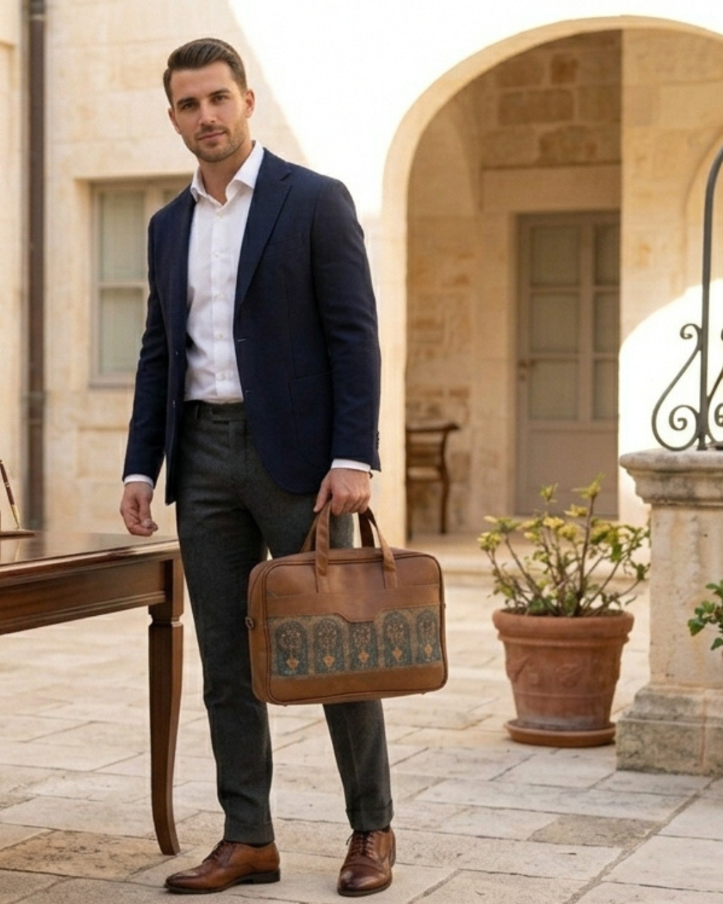 Man in formal attire holding a leather briefcase outdoors.