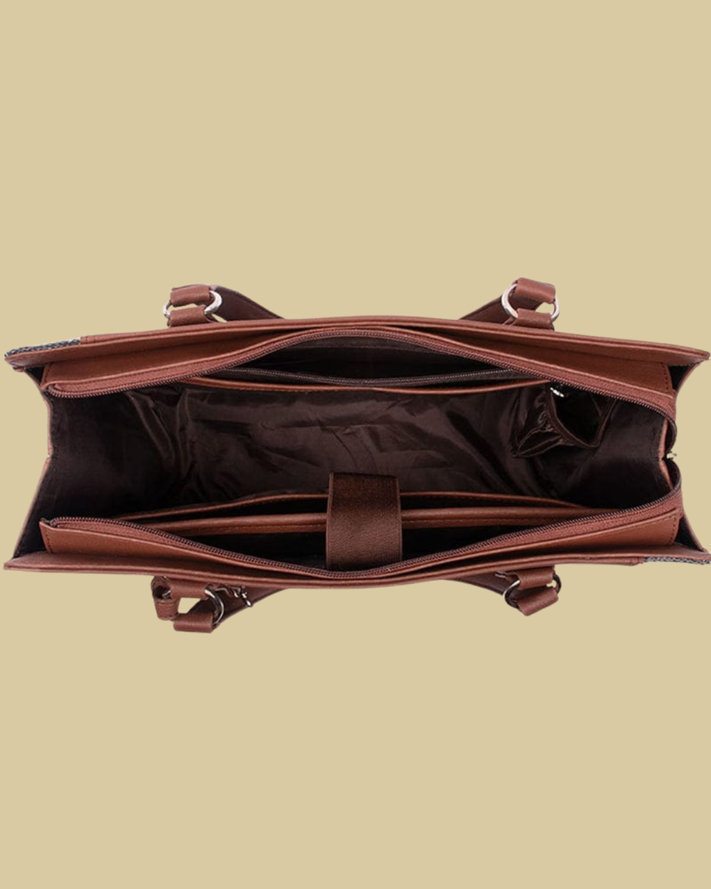 Brown leather bag on a beige background