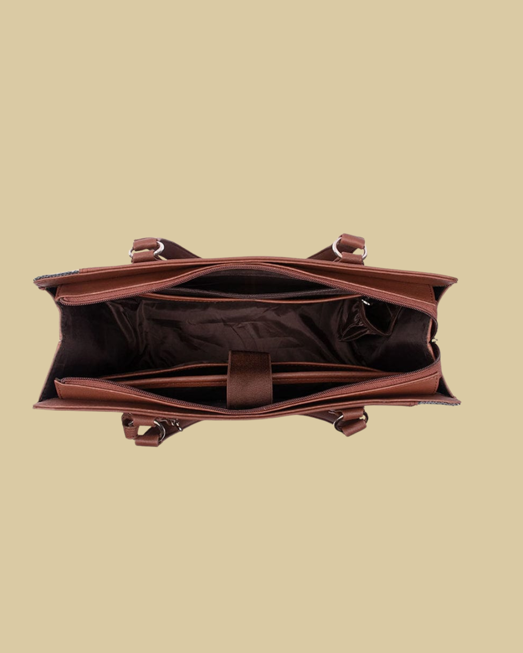 Brown leather handbag on a beige background