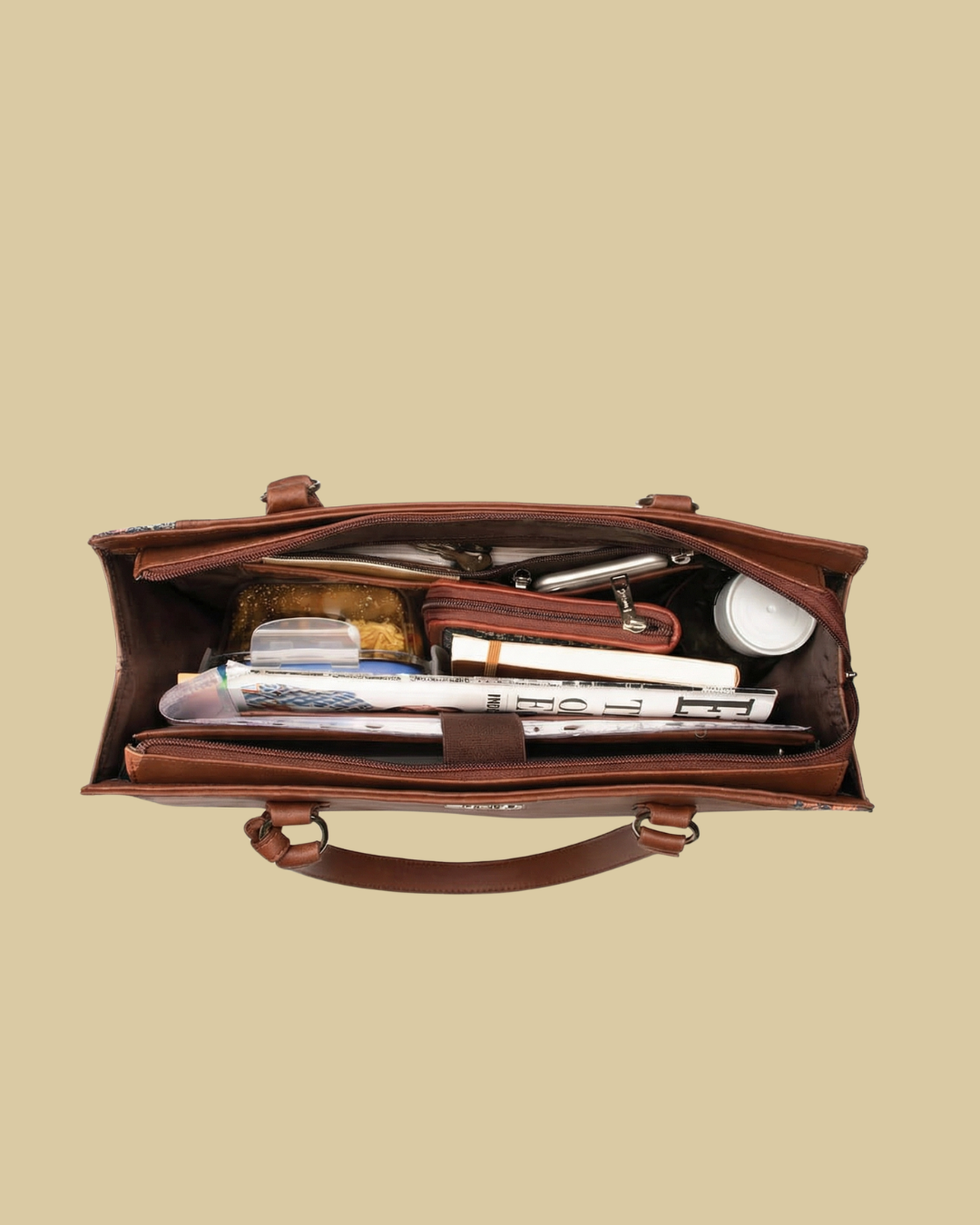 Brown leather briefcase with compartments on a beige background